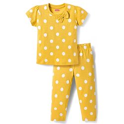Babyhug Cotton Knit Half Sleeves T-Shirt & Pyjama Co-ord Night Suit With Polka Dot Print - Yellow