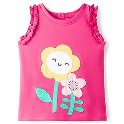 Baybyhug 100% Cotton Knit Sleeveless Tank T-Shirt With Floral Embroidery - Pink & Light Orange
