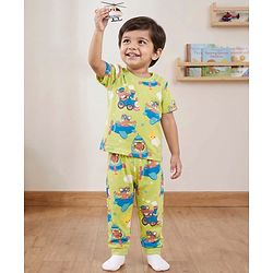 Babyhug Cotton Knit Half Sleeves T-Shirt & Pyjama Co-ord Night Suit With Teddy Bear  Print - Yellow