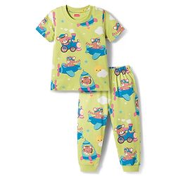 Babyhug Cotton Knit Half Sleeves T-Shirt & Pyjama Co-ord Night Suit With Teddy Bear  Print - Yellow