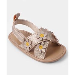 Cute Walk by Babyhug Velcro Closure Solid Colour Booties with Floral Applique- White