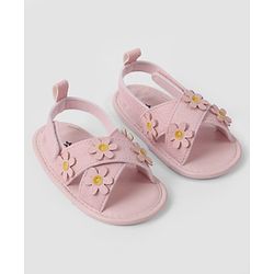 Cute Walk by Babyhug Velcro Closure Solid Colour Booties with Floral Applique- White