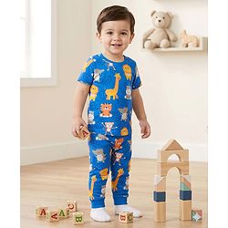Babyhug Cotton Knit Half Sleeves T-Shirt & Pyjama Co-ord Night Suit With Animal Print - Blue