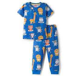 Babyhug Cotton Knit Half Sleeves T-Shirt & Pyjama Co-ord Night Suit With Animal Print - Blue