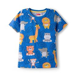 Babyhug Cotton Knit Half Sleeves T-Shirt & Pyjama Co-ord Night Suit With Animal Print - Blue