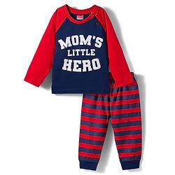 Babyhug Cotton Knit Raglan Full Sleeves Text Printed T-Shirt & Pyjama Night Suit With Stripes - Navy Blue & Red