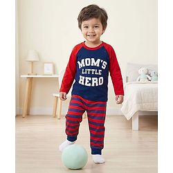Babyhug Cotton Knit Raglan Full Sleeves Text Printed T-Shirt & Pyjama Night Suit With Stripes - Navy Blue & Red