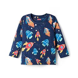 Babyhug Cotton Knit Full Sleeves Space Theme Printed Co-Ords T-Shirt & Pyjama Night Suit - Navy Blue