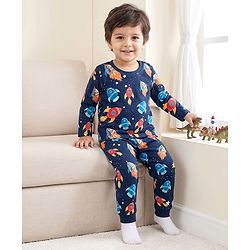 Babyhug Cotton Knit Full Sleeves Space Theme Printed Co-Ords T-Shirt & Pyjama Night Suit - Navy Blue