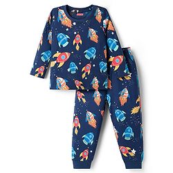 Babyhug Cotton Knit Full Sleeves Space Theme Printed Co-Ords T-Shirt & Pyjama Night Suit - Navy Blue