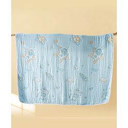 Babyhug 100% Pure Cotton Six Layer Baby Blanket Space Print  Super Soft & Absorbent| All Season Blanket| New Born Gifting| Bath Towel, Wrapper, Feeding Towel| Machine Washable- Blue