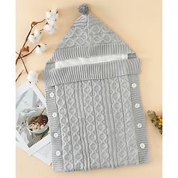 Babyhug Premium Hooded Knitted Blanket Sleeping Bag with Soft Fur Lining| Light Weight| Warm & Cozy Winter Wrapper| Machine Washable| Button Closure| 0 to 12 months| New Born Gifting - Grey