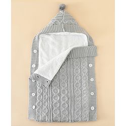 Babyhug Premium Hooded Knitted Blanket Sleeping Bag with Soft Fur Lining| Light Weight| Warm & Cozy Winter Wrapper| Machine Washable| Button Closure| 0 to 12 months| New Born Gifting - Grey