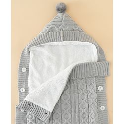 Babyhug Premium Hooded Knitted Blanket Sleeping Bag with Soft Fur Lining| Light Weight| Warm & Cozy Winter Wrapper| Machine Washable| Button Closure| 0 to 12 months| New Born Gifting - Grey