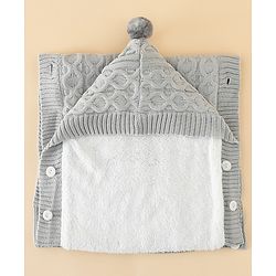 Babyhug Premium Hooded Knitted Blanket Sleeping Bag with Soft Fur Lining| Light Weight| Warm & Cozy Winter Wrapper| Machine Washable| Button Closure| 0 to 12 months| New Born Gifting - Grey