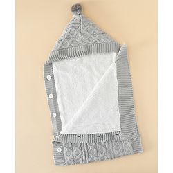 Babyhug Premium Hooded Knitted Blanket Sleeping Bag with Soft Fur Lining| Light Weight| Warm & Cozy Winter Wrapper| Machine Washable| Button Closure| 0 to 12 months| New Born Gifting - Grey