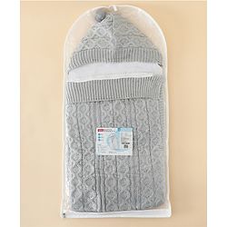 Babyhug Premium Hooded Knitted Blanket Sleeping Bag with Soft Fur Lining| Light Weight| Warm & Cozy Winter Wrapper| Machine Washable| Button Closure| 0 to 12 months| New Born Gifting - Grey