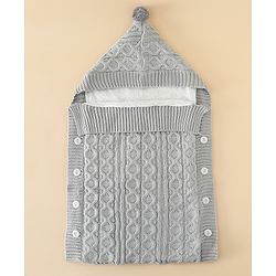 Babyhug Premium Hooded Knitted Blanket Sleeping Bag with Soft Fur Lining| Light Weight| Warm & Cozy Winter Wrapper| Machine Washable| Button Closure| 0 to 12 months| New Born Gifting - Grey