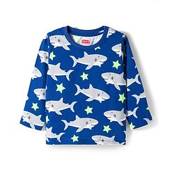 Babyhug Cotton Knit Full Sleeves T-Shirt & Pyjama Co-ord Night Suit With Shark Print - Blue
