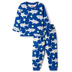 Babyhug Cotton Knit Full Sleeves T-Shirt & Pyjama Co-ord Night Suit With Shark Print - Blue