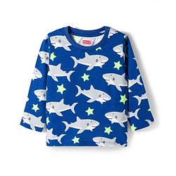 Babyhug Cotton Knit Full Sleeves T-Shirt & Pyjama Co-ord Night Suit With Shark Print - Blue