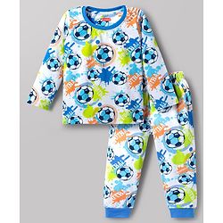 Babyhug Cotton Knit Full Sleeves Football Printed T-Shirt & Pyjama Co-Ord Night Suit - White