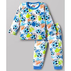 Babyhug Cotton Knit Full Sleeves Football Printed T-Shirt & Pyjama Co-Ord Night Suit - White