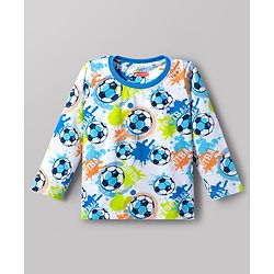 Babyhug Cotton Knit Full Sleeves Football Printed T-Shirt & Pyjama Co-Ord Night Suit - White