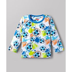 Babyhug Cotton Knit Full Sleeves Football Printed T-Shirt & Pyjama Co-Ord Night Suit - White