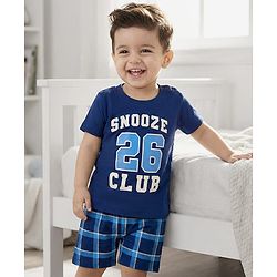 Babyhug Cotton Knit Full Sleeves T-Shirt & Shorts Night Suit With Text Print - Navy Blue