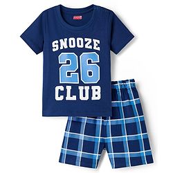 Babyhug Cotton Knit Full Sleeves T-Shirt & Shorts Night Suit With Text Print - Navy Blue