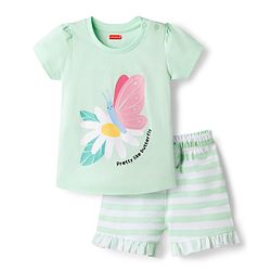 Babyhug Cotton Knit Half Sleeves Floral & Butterfly Printed & Striped T-Shirt & Shorts Night Suit - Light Green