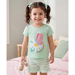 Babyhug Cotton Knit Half Sleeves Floral & Butterfly Printed & Striped T-Shirt & Shorts Night Suit - Light Green