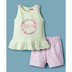 Babyhug Cotton Knit Sleeveless T-Shirt & Shorts Night Suit With Floral Print - Light Green
