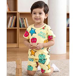 Babyhug Cotton Knit Half Sleeves T-Shirt & Shorts Co-ord Night Suit With Fruit Print - Yellow