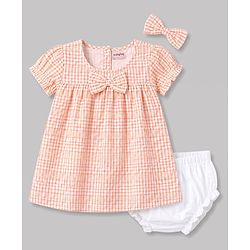 Babyhug Cotton Woven Half Sleeves Checked Frock With Bloomer & Headband - Pink