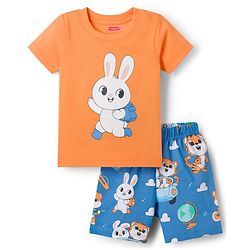 Babyhug 100% Cotton Knit Half Sleeves T-Shirt & Shorts Night Suit with Bunny Print - Orange