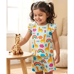 Babyhug Cotton Knit Frill Sleeves Co-ords T-Shirt & Shorts Night Suit with Jungle Theme Print - Light Blue