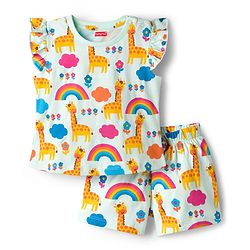 Babyhug Cotton Knit Frill Sleeves Co-ords T-Shirt & Shorts Night Suit with Jungle Theme Print - Light Blue