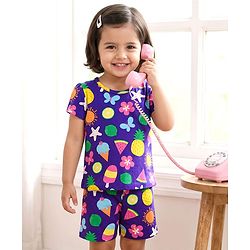 Babyhug Cotton Knit Half Sleeves Tropical Theme Printed Co-Ords T-Shirt & Shorts Night Suit - Purple