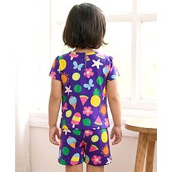 Babyhug Cotton Knit Half Sleeves Tropical Theme Printed Co-Ords T-Shirt & Shorts Night Suit - Purple