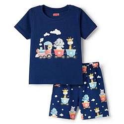 Babyhug Cotton Knit Half Sleeves T-Shirt & Shorts Night Suit With Animal Print - Navy Blue