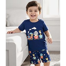 Babyhug Cotton Knit Half Sleeves T-Shirt & Shorts Night Suit With Animal Print - Navy Blue