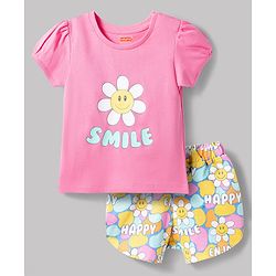 Babyhug Cotton Knit Half Sleeves T-Shirt & Shorts Night Suit with Smile Print - Pink