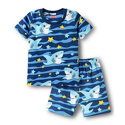 Babyhug Cotton Knit Half Sleeves T-Shirt & Shorts Co-ord Night Suit With Shark Print - Navy Blue