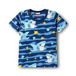 Babyhug Cotton Knit Half Sleeves T-Shirt & Shorts Co-ord Night Suit With Shark Print - Navy Blue