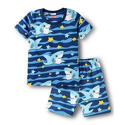 Babyhug Cotton Knit Half Sleeves T-Shirt & Shorts Co-ord Night Suit With Shark Print - Navy Blue