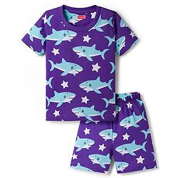 Babyhug Cotton Knit Half Sleeves T-Shirt & Shorts Co-ord Night Suit With Shark Print - Purple