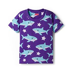 Babyhug Cotton Knit Half Sleeves T-Shirt & Shorts Co-ord Night Suit With Shark Print - Purple