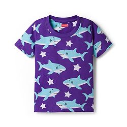 Babyhug Cotton Knit Half Sleeves T-Shirt & Shorts Co-ord Night Suit With Shark Print - Purple